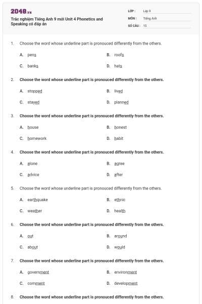 Trắc nghiệm Tiếng Anh 9 mới Unit 4 Phonetics and Speaking có đáp án