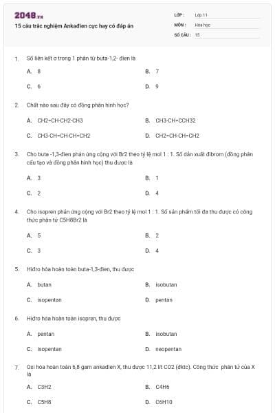 15 câu trắc nghiệm Ankađien cực hay có đáp án