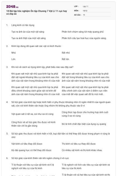 18 Bài tập trắc nghiệm Ôn tập Chương 7 Vật Lí 11 cực hay có đáp án