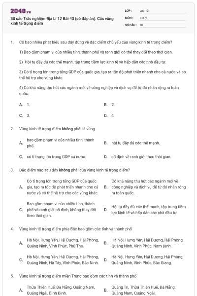 30 câu Trắc nghiệm Địa Lí 12 Bài 43 (có đáp án): Các vùng kinh tế trọng điểm