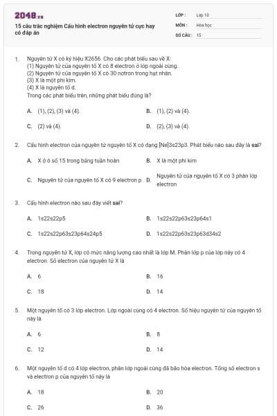 15 câu trắc nghiệm Cấu hình electron nguyên tử cực hay có đáp án