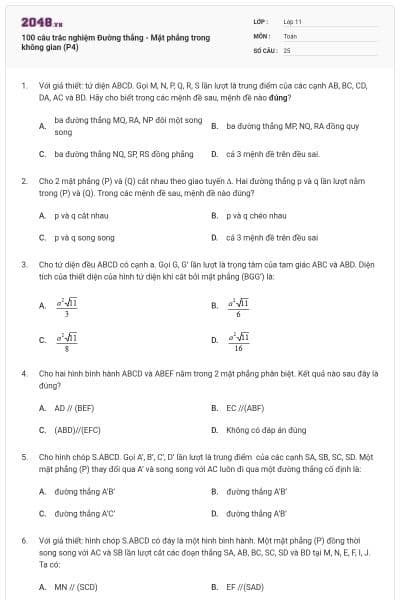 100 câu trắc nghiệm Đường thẳng - Mặt phẳng trong không gian (P4)
