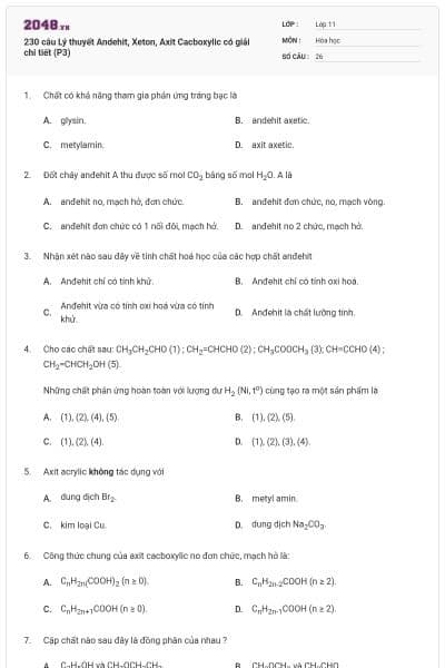 230 câu Lý thuyết Andehit, Xeton, Axit Cacboxylic có giải chi tiết (P3)