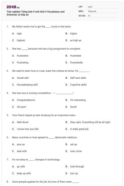 Trắc nghiệm Tiếng Anh 9 mới Unit 4 Vocabulary and Grammar có đáp án