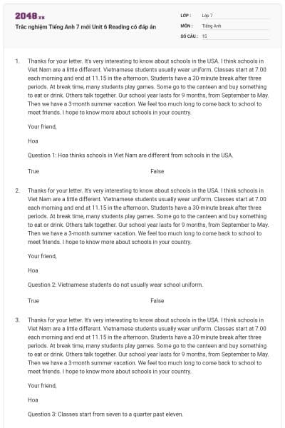 Trắc nghiệm Tiếng Anh 7 mới Unit 6 Reading có đáp án