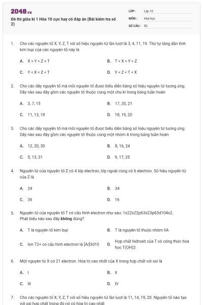 Đề thi giữa kì 1 Hóa 10 cực hay có đáp án (Bài kiểm tra số 2)