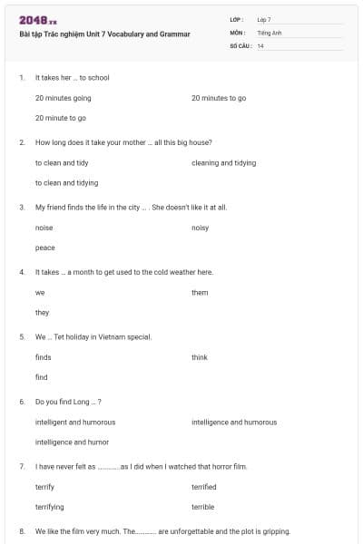 Bài tập Trắc nghiệm Unit 7 Vocabulary and Grammar