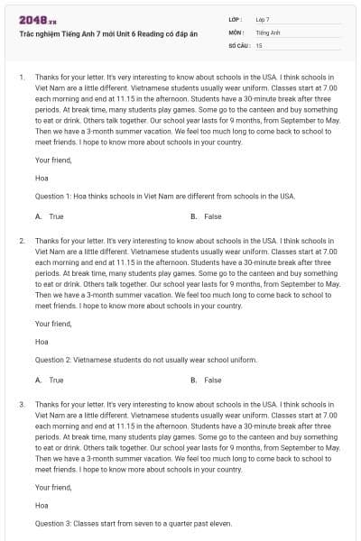 Trắc nghiệm Tiếng Anh 7 mới Unit 6 Reading có đáp án