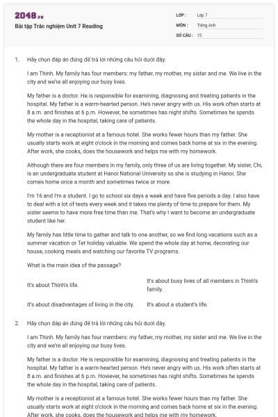 Bài tập Trắc nghiệm Unit 7 Reading