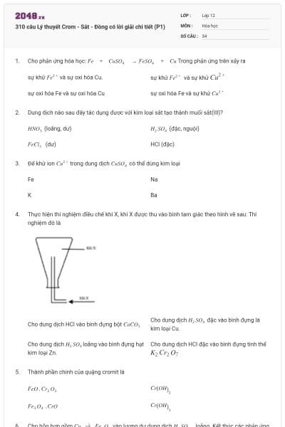 310 câu Lý thuyết Crom - Sắt - Đồng có lời giải chi tiết (P1)