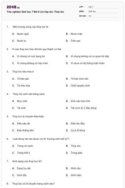 Trắc nghiệm Sinh học 7 Bài 8 (có đáp án): Thủy tức