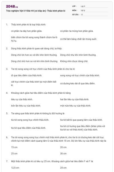 Trắc nghiệm Vật lí 9 Bài 44 (có đáp án): Thấu kính phân kì
