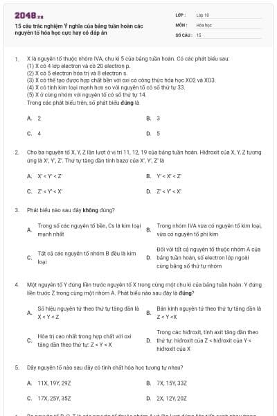 15 câu trắc nghiệm Ý nghĩa của bảng tuần hoàn các nguyên tố hóa học cực hay có đáp án