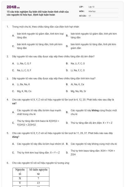15 câu trắc nghiệm Sự biến đổi tuần hoàn tính chất của các nguyên tố hóa học. Định luật tuần hoàn