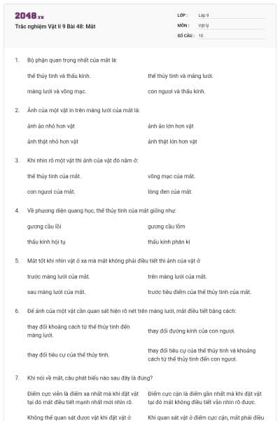 Trắc nghiệm Vật lí 9 Bài 48: Mắt
