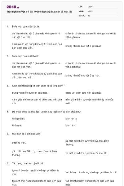 Trắc nghiệm Vật lí 9 Bài 49 (có đáp án): Mắt cận và mắt lão