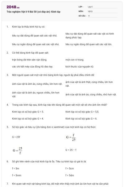 Trắc nghiệm Vật lí 9 Bài 50 (có đáp án): Kính lúp
