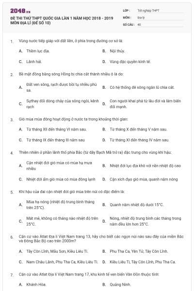 ĐỀ THI THỬ THPT QUỐC GIA LẦN 1 NĂM HỌC 2018 - 2019 MÔN ĐỊA LÍ (ĐẾ SỐ 10)