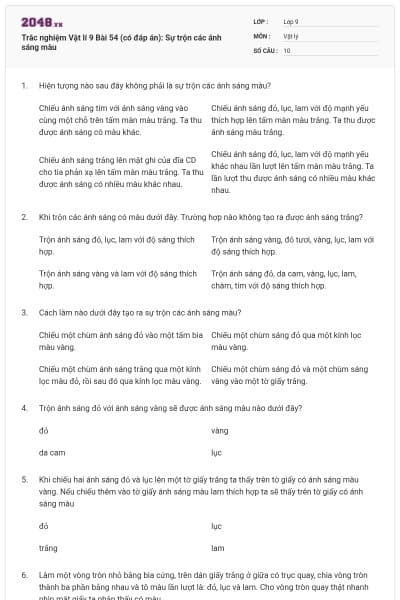 Trắc nghiệm Vật lí 9 Bài 54 (có đáp án): Sự trộn các ánh sáng màu