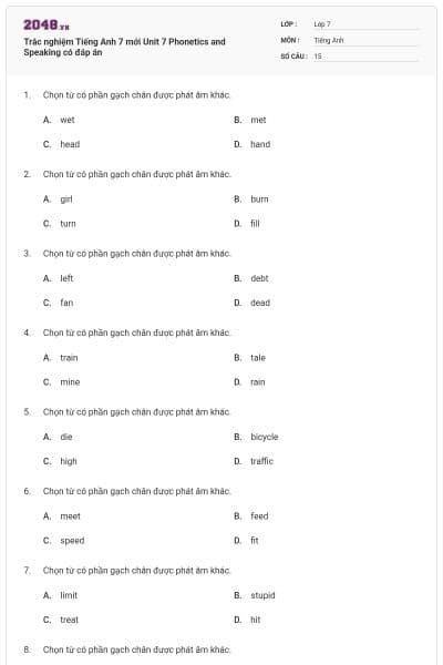 Trắc nghiệm Tiếng Anh 7 mới Unit 7 Phonetics and Speaking có đáp án