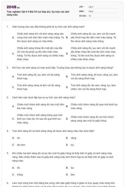 Trắc nghiệm Vật lí 9 Bài 54 (có đáp án): Sự trộn các ánh sáng màu