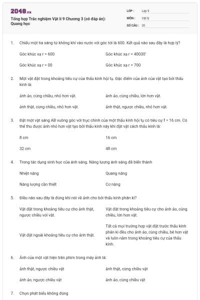 Tổng hợp Trắc nghiệm Vật lí 9 Chương 3 (có đáp án): Quang học