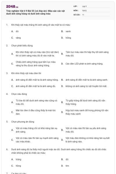 Trắc nghiệm Vật lí 9 Bài 55 (có đáp án): Màu sắc các vật dưới ánh sáng trắng và dưới ánh sáng màu