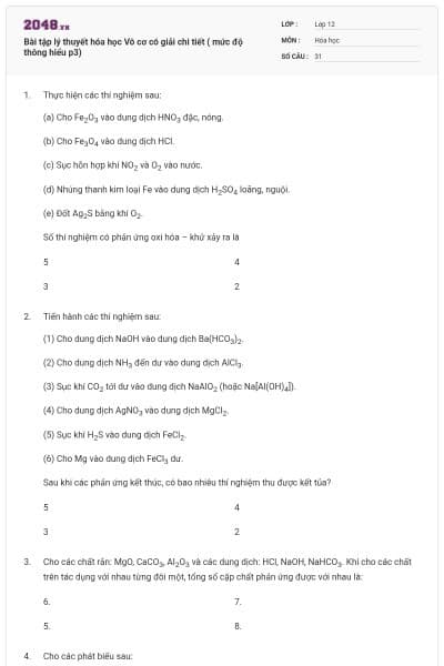 Bài tập lý thuyết hóa học Vô cơ có giải chi tiết ( mức độ thông hiểu p3)