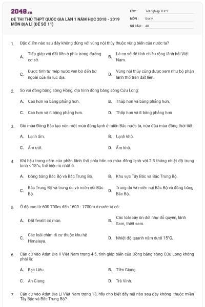 ĐỀ THI THỬ THPT QUỐC GIA LẦN 1 NĂM HỌC 2018 - 2019 MÔN ĐỊA LÍ (ĐẾ SỐ 11)