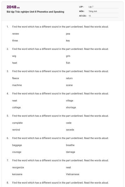 Bài tập Trắc nghiệm Unit 8 Phonetics and Speaking