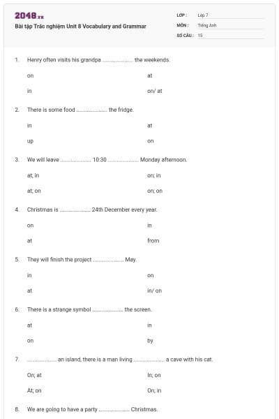 Bài tập Trắc nghiệm Unit 8 Vocabulary and Grammar