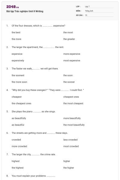 Bài tập Trắc nghiệm Unit 8 Writing