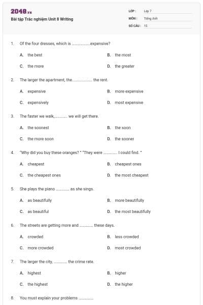 Bài tập Trắc nghiệm Unit 8 Writing