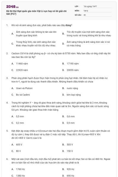 Đề thi thử thpt quốc gia môn Vật Lí cực hay có lời giải chi tiết (P27)