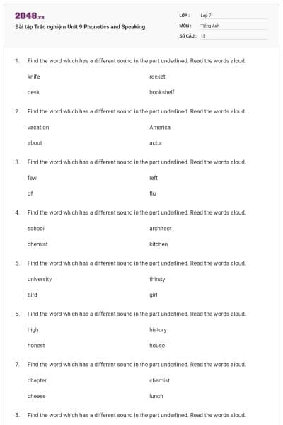 Bài tập Trắc nghiệm Unit 9 Phonetics and Speaking