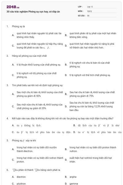 30 câu trắc nghiệm Phóng xạ cực hay, có đáp án