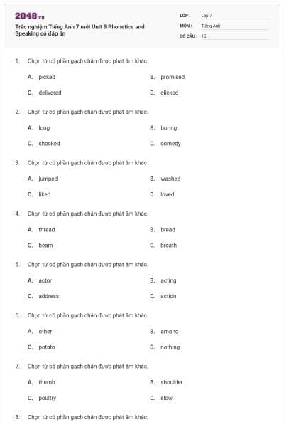 Trắc nghiệm Tiếng Anh 7 mới Unit 8 Phonetics and Speaking có đáp án