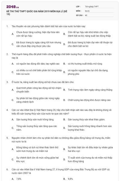 ĐỀ THI THỬ THPT QUỐC GIA NĂM 2019 MÔN ĐỊA LÍ (ĐỀ 19)