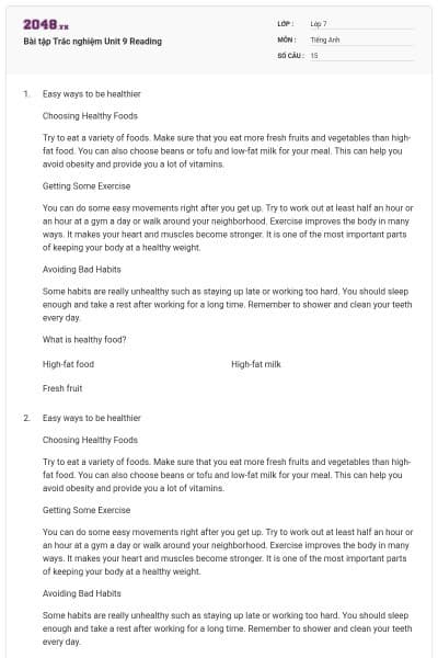 Bài tập Trắc nghiệm Unit 9 Reading