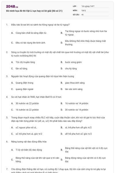 Đề minh họa đề thi Vật Lí cực hay có lời giải (Đề số 21)