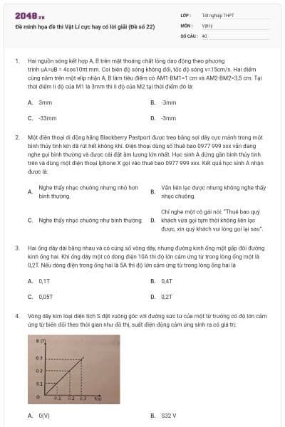 Đề minh họa đề thi Vật Lí cực hay có lời giải (Đề số 22)
