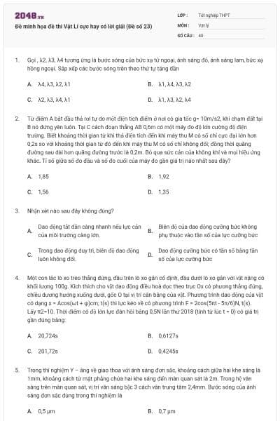 Đề minh họa đề thi Vật Lí cực hay có lời giải (Đề số 23)