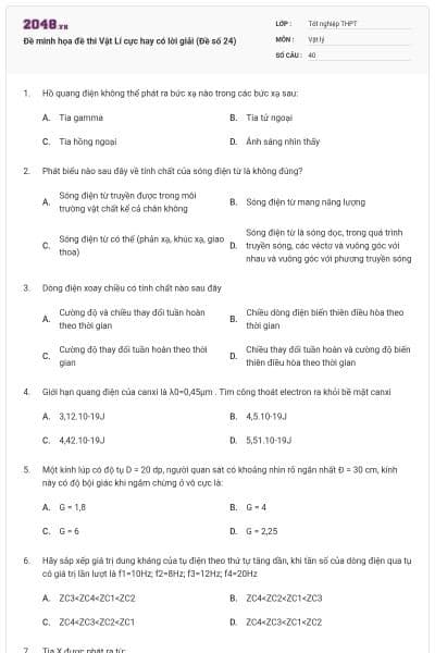 Đề minh họa đề thi Vật Lí cực hay có lời giải (Đề số 24)