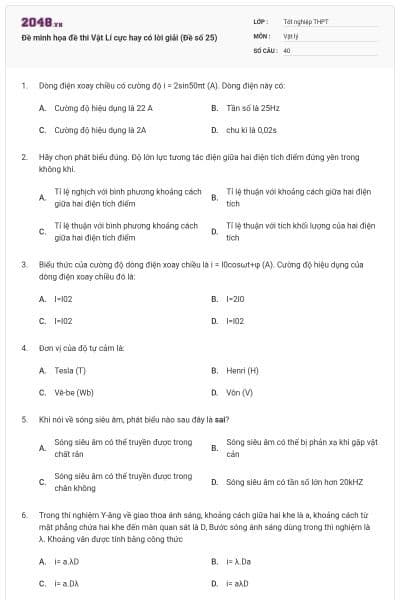 Đề minh họa đề thi Vật Lí cực hay có lời giải (Đề số 25)