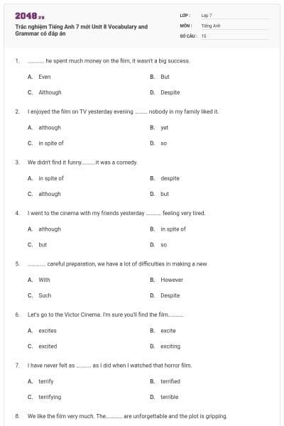 Trắc nghiệm Tiếng Anh 7 mới Unit 8 Vocabulary and Grammar có đáp án