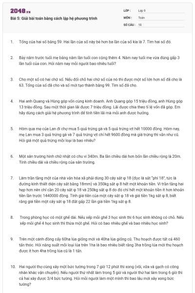 Bài 5: Giải bài toán bằng cách lập hệ phương trình