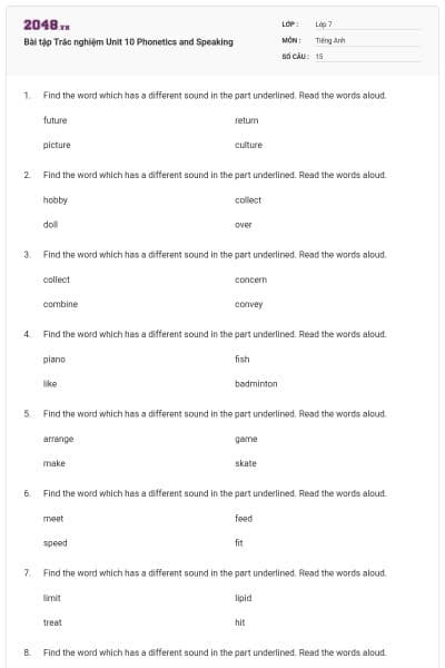 Bài tập Trắc nghiệm Unit 10 Phonetics and Speaking