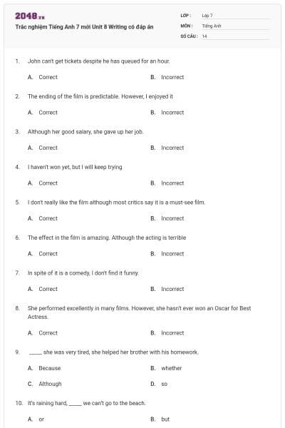 Trắc nghiệm Tiếng Anh 7 mới Unit 8 Writing có đáp án
