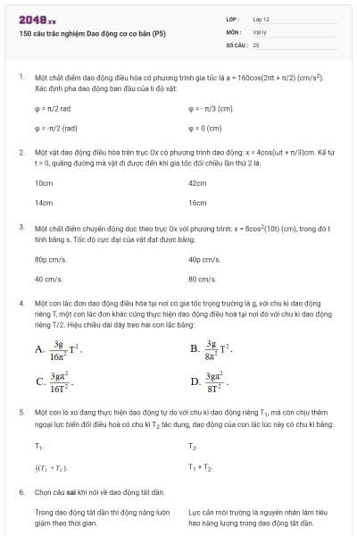 150 câu trắc nghiệm Dao động cơ cơ bản (P5)