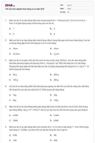 150 câu trắc nghiệm Dao động cơ cơ bản (P3)